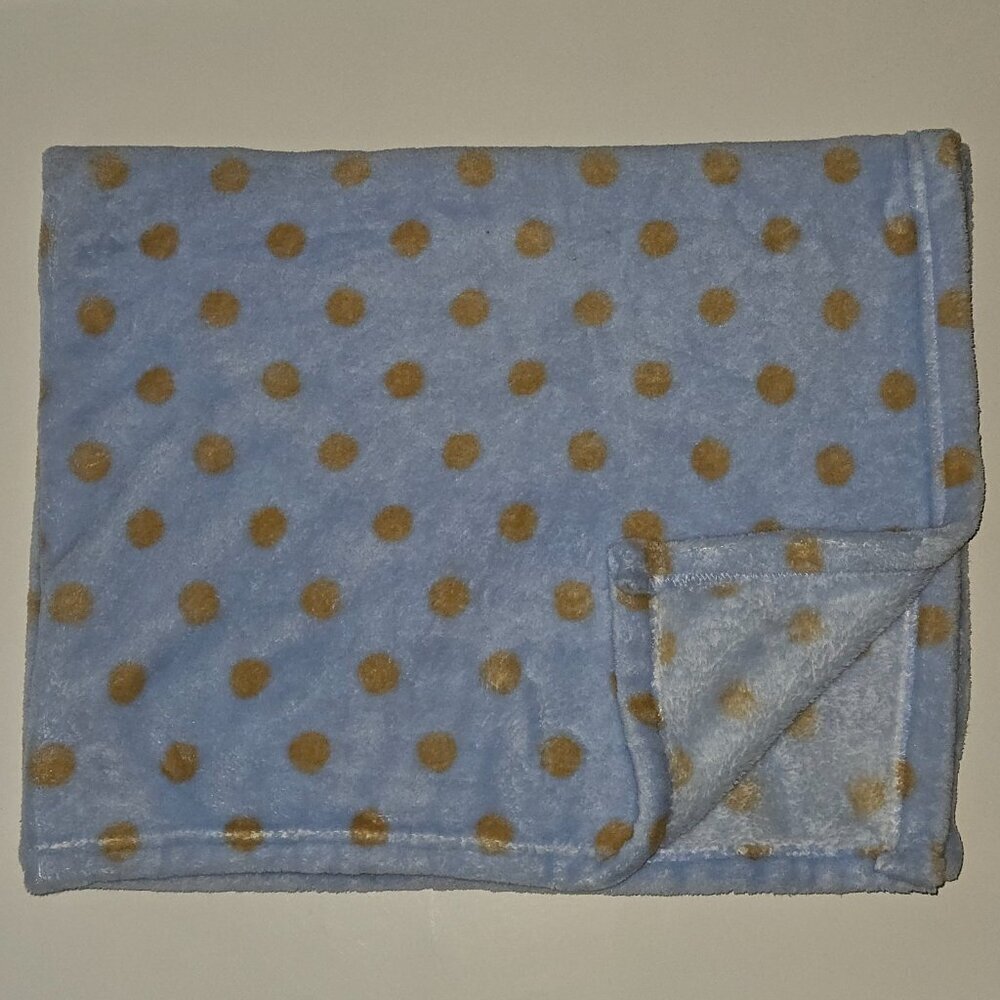 Beansprout Blue Fleece Baby Blanket Brown Polka Dots 30x36 Bean Sprout